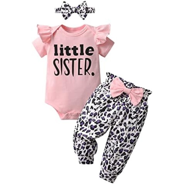 Newborn Baby Girls Clothes Infant Baby Girl Ruffle Short Outfit Letter Print Bodysuit Leopard Pants Headbands