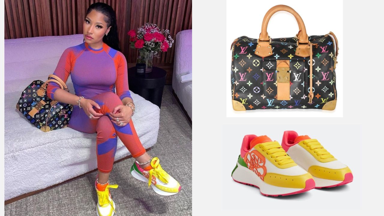 Nicki Minaj Wore a Red and Purple Y-3 Knit Set with $790 Alexander McQueen Color block Sneakers and a Louis Vuitton Murakami Handbag