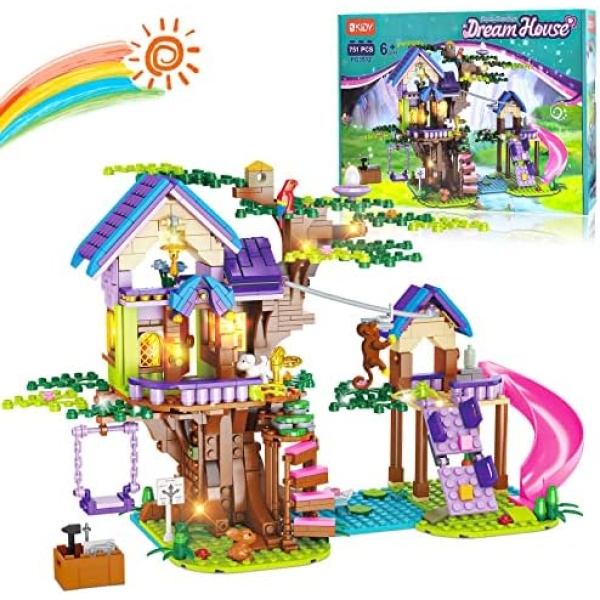 OKKIDY Tree House Building Toys for Kids, Girls Friendship Building Blocks with with LED Light, Creative Forest House Age 6 7 8 9 10 11 12+ Birthday Gift Girls Boys