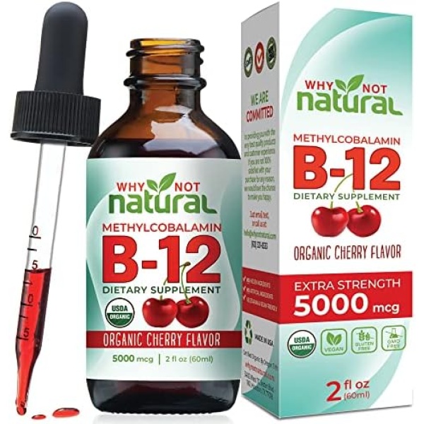 Organic Vitamin B12 Liquid - Sublingual Extra Strength 60 x 5000 mcg Drops, Methylcobalamin, Natural Cherry Flavor, Vegan, Maximize Absorption and Energy