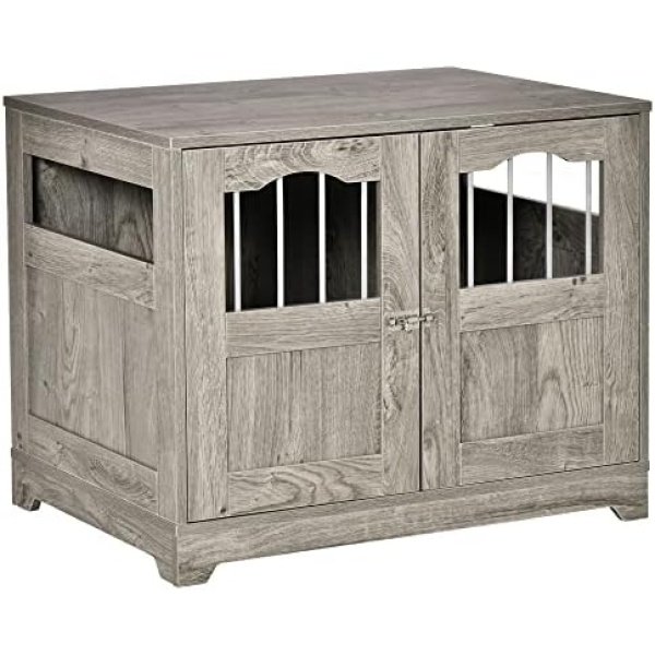 PawHut 29.5" Wooden Dog Cage with Windows, End Table Furniture Style, Modern Pet Kennel with Lockable Doors Elevated Base for Small and Medium-Sized Dogs, Grey