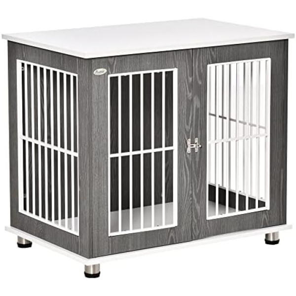 PawHut 34'' Wooden Dog Cage, Modern Wire Dog Crate, Pet Kennel with Door, Lock, Adjustable Foot Pads, for Small and Medium Dogs, Grey and White