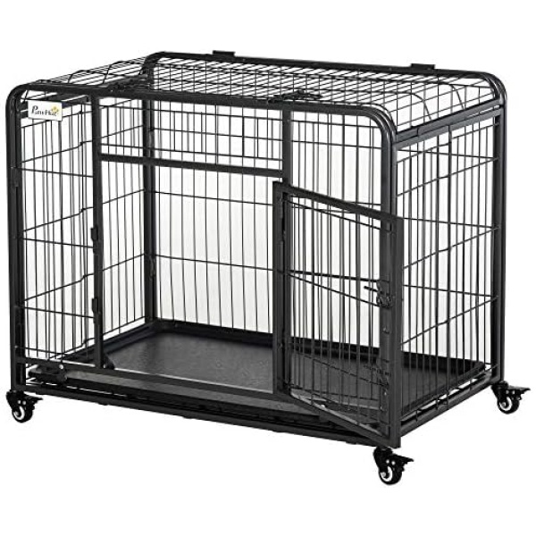 PawHut Folding Design Heavy Duty Dog Crate Metal Cage & Kennel with Removable Tray and Cover, & 4 Locking Wheels, Indoor/Outdoor 37"