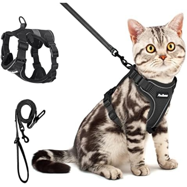 PetBonus Adjustable Cat Harness and Leash, Escape Proof Breathable Pet Vest Harnesses for Walking, Easy Control Reflective Leash and Harness Set Jacket for Cats, Kitten, Kitty (Black, X-Small)