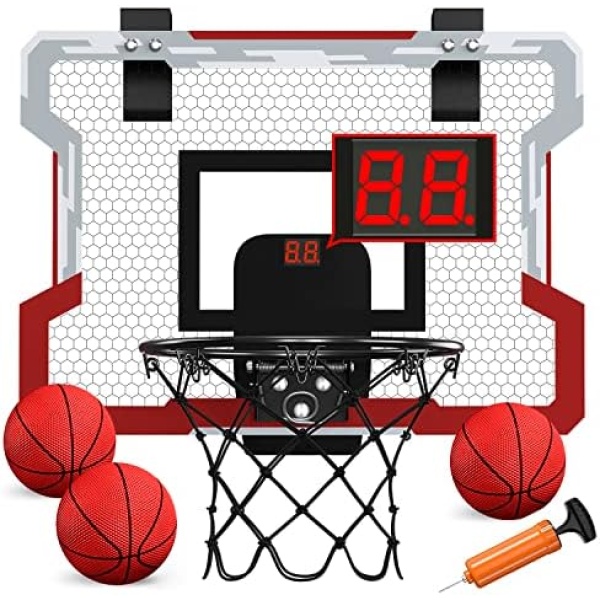 QDRAGON Mini Basketball Hoop with Scoreboard, Over The Door Basketball Hoop Indoor, with 3 Balls/Inflator/Breakaway Rim, Basketball Toy Gifts for Kids/Adults/Boys/Girls, Red