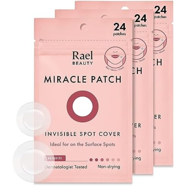 Rael Miracle Invisible Spot Cover - Hydrocolloid, Absorbing Cover, Skin Care, Facial Stickers, 2 Sizes (72 Count)