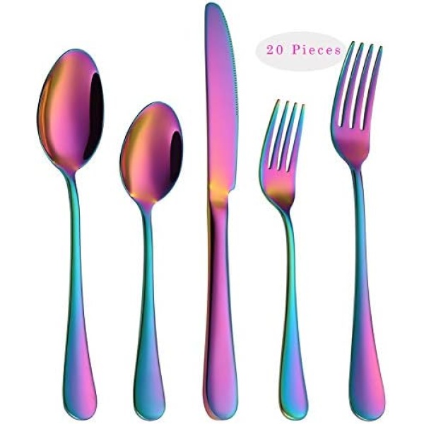 Rainbow Flatware Cutlery Silverware Set 20 Pieces, Stainless Steel Colorful Utensils, Tableware Set Service for 4, Include Knife/Fork/Spoon, Reusable, Mirror Polished, Dishwasher Safe