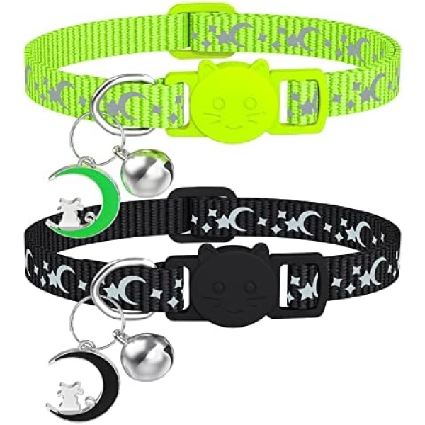 Reflective Cat Collars Breakaway with Bell, 2-Pack Cat Collar Stars and Moon Girl Boy Pet Kitten Collar Adjustable 7.9-13 Inch, Pet Supplies,Accessories (Black/Green)