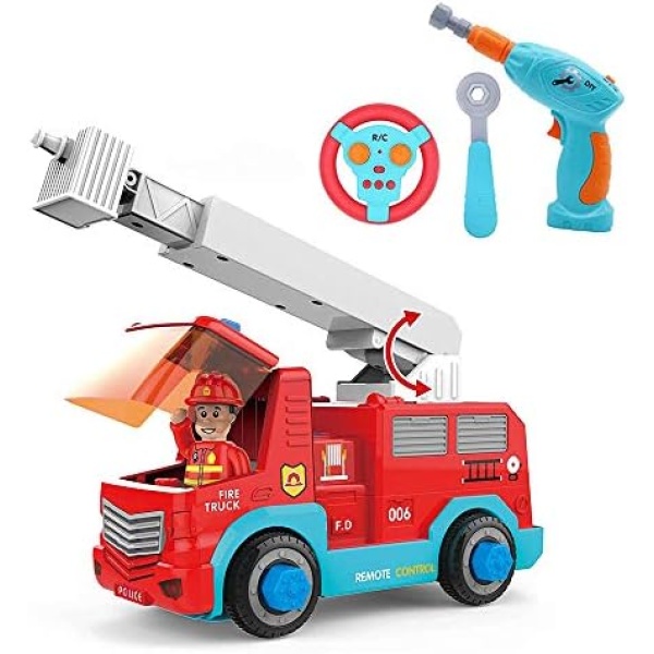 Remote Control Take Apart Toys - RC Cars for Kids STEM Build Your Own Fire Truck Toys with Electric Drill, Lights and Music, Construction Toy Gifts for Boys and Girls