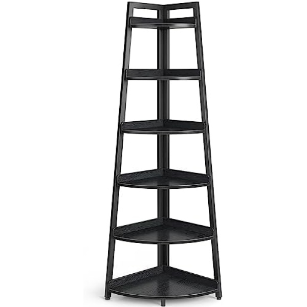 Rolanstar Corner Shelf, 6-Tier Corner Bookshelf, Black Corner Shelf Unit, Tall Corner Ladder Shelf, Corner Plant Stand for Living Room, Home Office, Kitchen