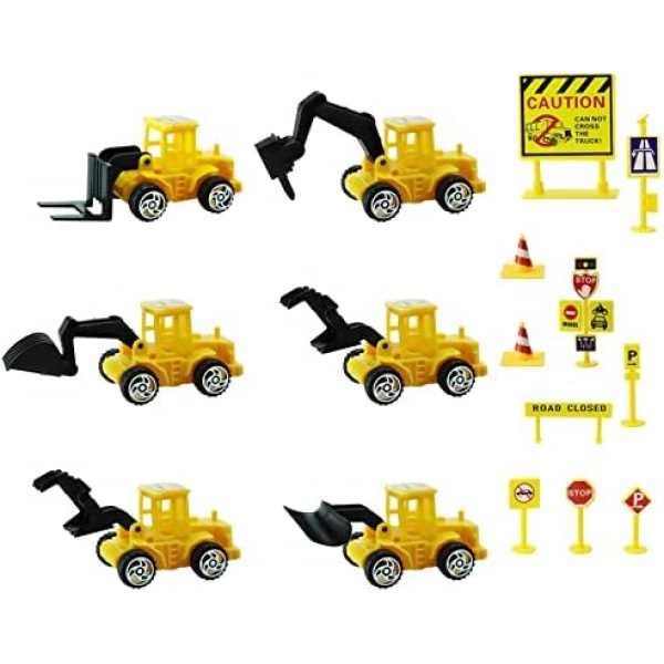 SINGOMON 14PCS Construction Party Decorations 6 Construction Truck Decors Construction Engineering Trucks 8 Barricade Road Sign Cake Toppers for Kids Birthday Party, Construction Vehicles Cake Decor