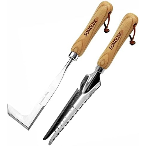 SOMOLUX Gardening Hand Weeder Tool Set, Multifunctional Garden Tools Stainless Steel with Wooden Handle for Garden Lawn Yard Planting Digging Measuring Pruning Cutting 2 Pack