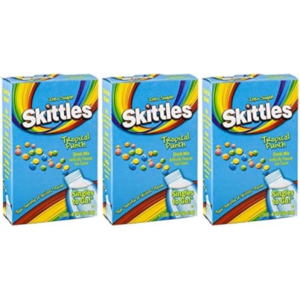 Skittles Singles to Go Tropical Punch Drink Mix 3 Boxes (15.4 Grams) of 6 Sticks Each