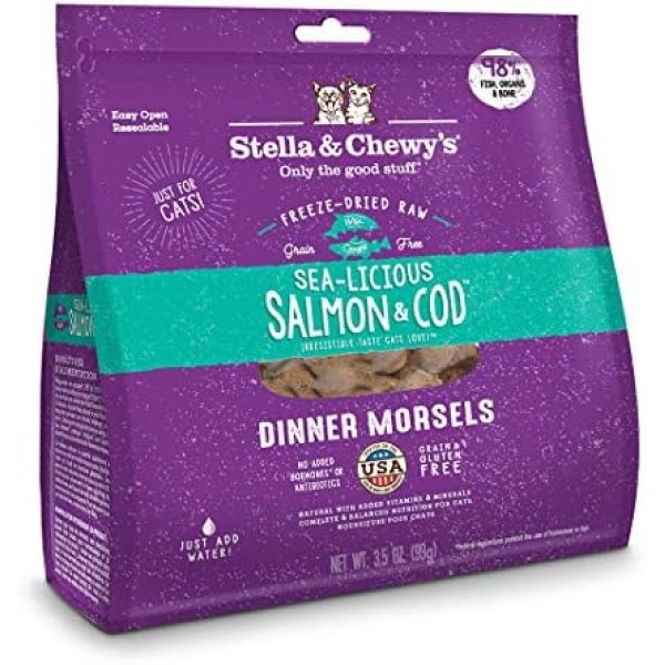 Stella & Chewy’s Freeze-Dried Raw Cat Dinner Morsels – Grain Free, Protein Rich Cat & Kitten Food – Sea-Licious Salmon & Cod Recipe – 3.5 oz Bag