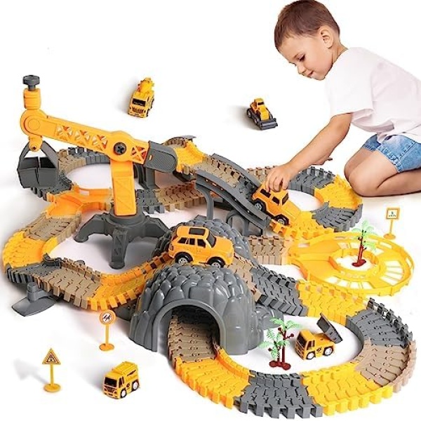 TUMAMA 258pcs Construction Race Track Vehicle Toys for Boys and Girls with 2 Electric Cars,STEM Building Bendable Race Cars Trucks Track Sets for Toddlers 3 4 5 6 Years Old