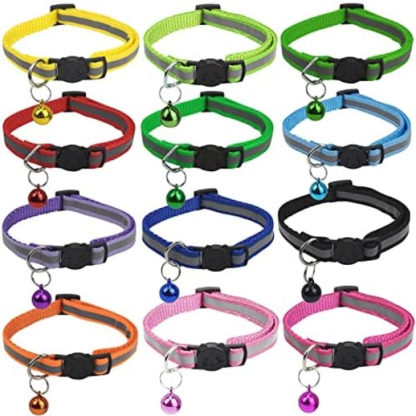 Tibapla 12 Pcs Cat Collar with Bells, Adjustable 19-32cm Cat Collars with Quick Release Buckle，Colorful Reflective Safety Release Cat Collars for Cats Kitten Puppy Small Dogs