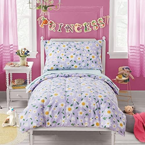 UOZZI BEDDING 4 Pieces White Girls Toddler Bedding Set Purple Floral Style - Includes Adorable Quilted Flower Comforter, Green Plaid Fitted Sheet, Top Sheet, and Pillow Case for Girls Bed