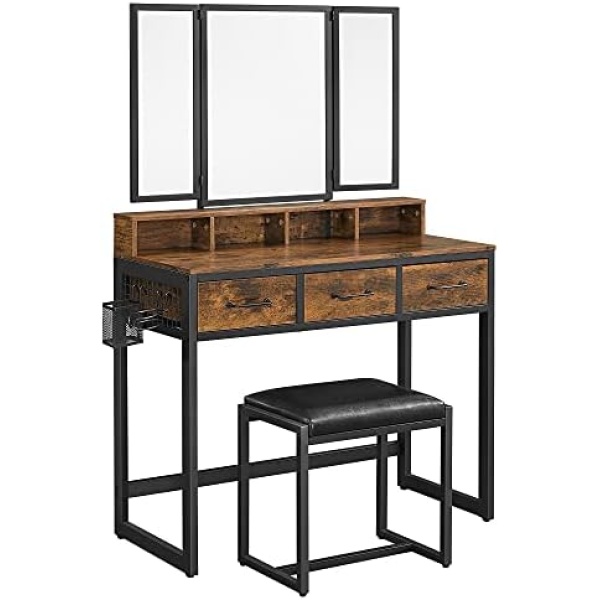 VASAGLE Vanity Set with Mirror and Stool, Makeup Vanity with Tri-Fold Mirror, 3 Drawers, Rustic Brown and Black URVT004B01