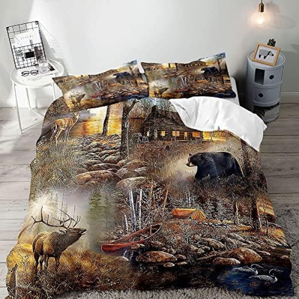 VIVIHOME 3PCS Black Bear Deer Bedding Set, Woodland Animals Elk Moose Wildlife Hunting Country Lodge Cabin Duvet Cover Set, Rustic Farmhouse Comforter Cover with 2 Pillowcases, Soft Microfiber, Queen