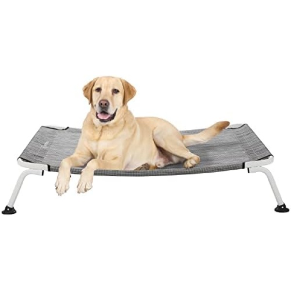 Veehoo Curved Cooling Elevated Dog Bed, White Frame Outdoor Raised Dog Cot, Chew Proof Pet Bed with Washable & Breathable Textilene Mesh, Non-Slip Feet for Indoor & Outdoor, Large, Beige Coffee