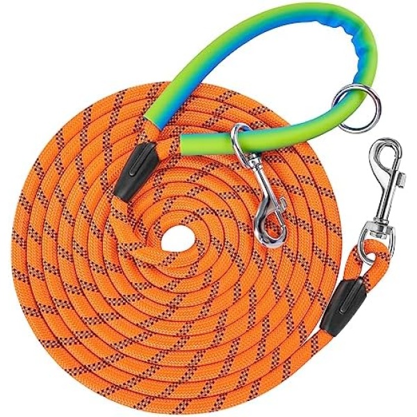 XiaZ 30FT Training Leash for Dogs, Nylon Rope Dog Leash with 2 Swivel Hooks and Comfortable Padded Handle, Cat Puppy Leash for Small Medium Large Dogs Training, Playing, Camping, or Backyard - Orange