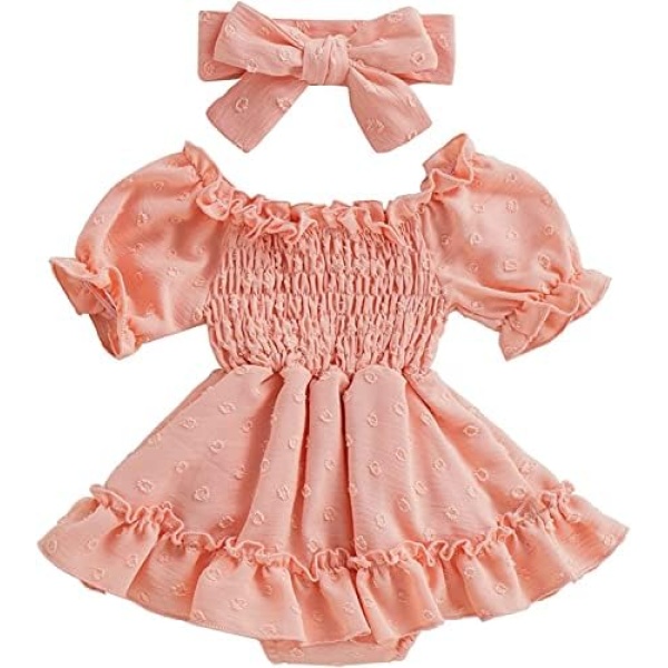 Xifamniy Baby Girl Dress Skirt Clothes Infant Summer Outfit Short Sleeve with Headband Newborn