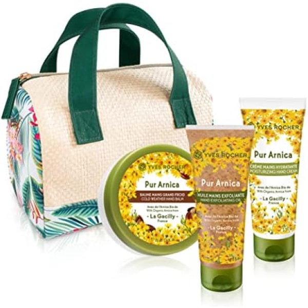Yves Rocher Hand Care Essential with French Organic Arnica Gift Set 4-Piece Vanity: Moisturizing Hand Cream Tube 75ml, Hand Exfoliating Oil Tube 75ml, Cold Weather Hand Balm Jar 50ml
