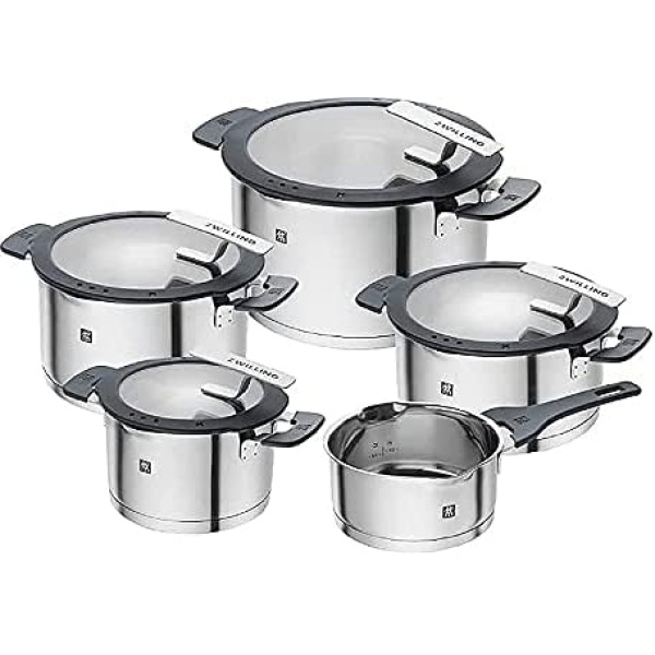 ZWILLING Simplify 9 Piece Premium Stainless Steel Kitchen Cookware Grey Pot Set - All Cooktops,Stay-Cool Handle, Non-Stick Set, Dishwasher Safe