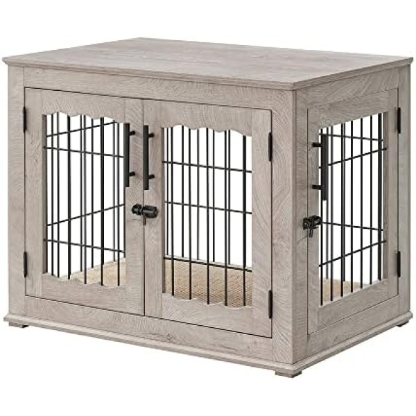 beeNbkks Furniture Style Dog Crate End Table, Double Doors Wooden Wire Dog Kennel with Pet Bed, Decorative Pet Crate Dog House Indoor Medium Large