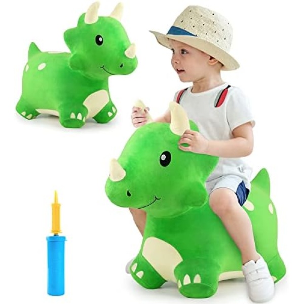 iPlay, iLearn Bouncy Pals Kids Dinosaur Hopper Toys, Toddler Plush Triceratops Hopping Horse W/Pump, Outdoor Indoor Ride Bounce Animal, Activity Birthday Gifts for 18 24 Month 2 3 4 Year Old Boy Girl