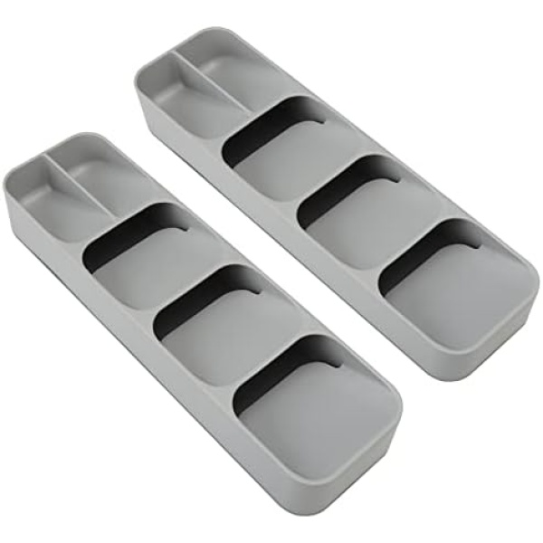 2 Pack Kitchen Cutlery Drawer Organizer Tray for Silverwave, Forks, Spoons, Table Knives, Straw Gadget, Plastic Flatware Organizer Utensil Holder Storage Box - Gray