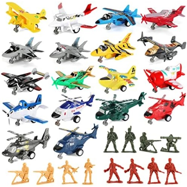 30 Pcs Airplane Toys Set Pull Back Vehicles Boys 18 Pcs Plane Playset 12 Pcs Military Soldiers Including Helicopter Toys Jet Toys Bomber Toys Fighter Jet Toys Biplane Toy for Birthday Party Favor Toys