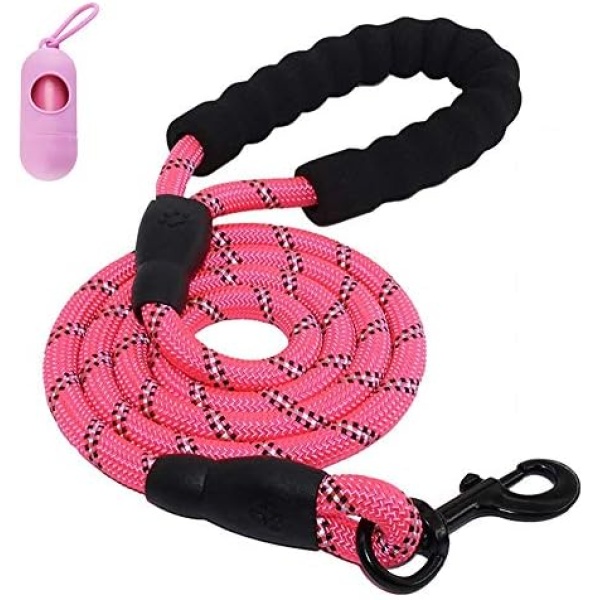 6.5 FT Strong Dog Leash with Waste Bag Holder, Chew Resistant Leash, Heavy Duty Rock Climbing Rope, Comfortable Padded Grip, Reflective Rope, Durable Metal Clasp, Leash for Medium & Large Dogs, Attaches to Pet Collar, Lightweight Leash