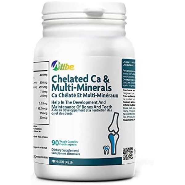 ALLBE Chelated Ca & Multi-Minerals Capsules, 400mg Calcium and 200mg Magnesium with 7.5mg Zinc Supplements, Pack of 90 Bones and Teeth Support Capsules, Serving Size: 2 Capsules