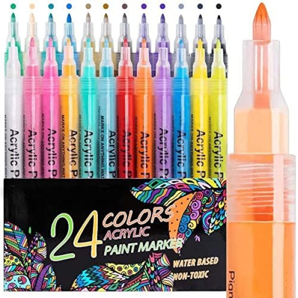 Acrylic Paint Markers Great for Rock Painting, Wood, Glass, Stone, Metal, Ceramic and More, 24 Colors Extra Fine Point Acrylic Paint Pens Set by Aen Art