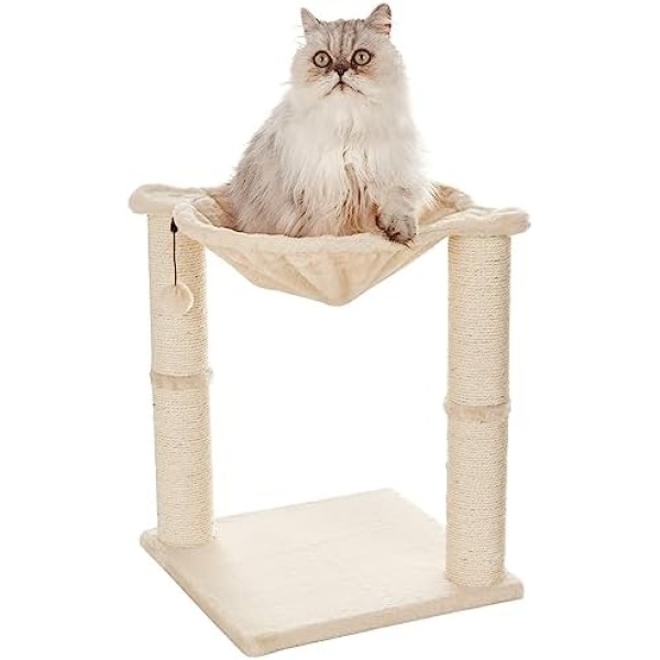 Amazon Basics Cat Condo Tree Tower With Hammock Bed And Scratching Post - 16 x 20 x 16 Inches, Beige