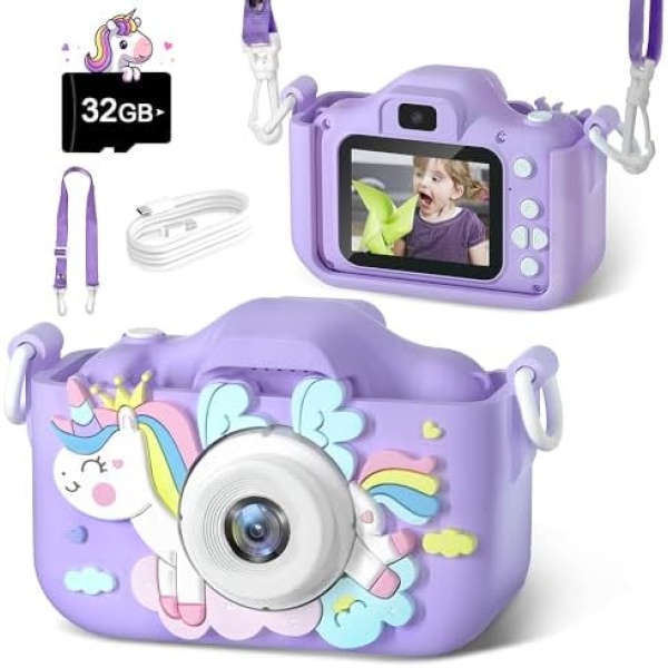 Anesky Kids Camera, Toy Camera for 3 4 5 6 7 8 9 10 11 12 Year Old Girls/Boys, Kids Digital Camera for Toddler with Video, Best Birthday Festival Gift Selfie Camera for Kids with 32GB TF Card - Purple