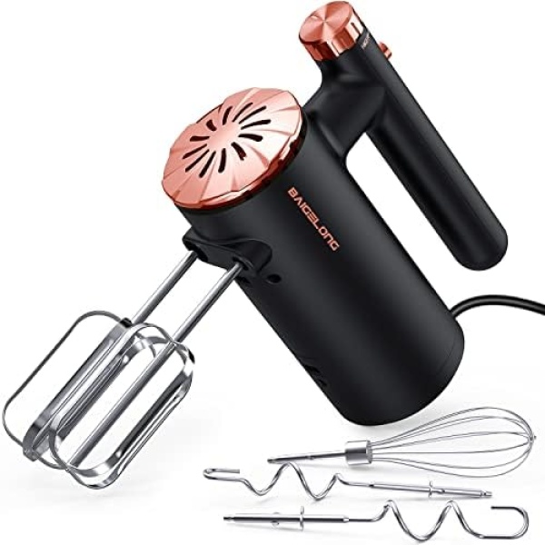 BAIGELONG Hand Mixer Electric, 500W Ultra Power Handheld Mixer with Continuously Variable Speed Control, 5 Stainless Steel Accessories Kitchen Mixer for Baking, Dishwasher Safe, Black Rose Gold