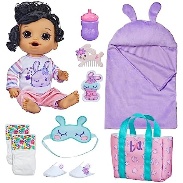 Baby Alive Bunny Sleepover Baby Doll, Bedtime-Themed 12-Inch Dolls, Sleeping Bag & Bunny-Themed Doll Accessories, Toys for 3 Year Old Girls and Boys and Up, Brown Hair (Amazon Exclusive)