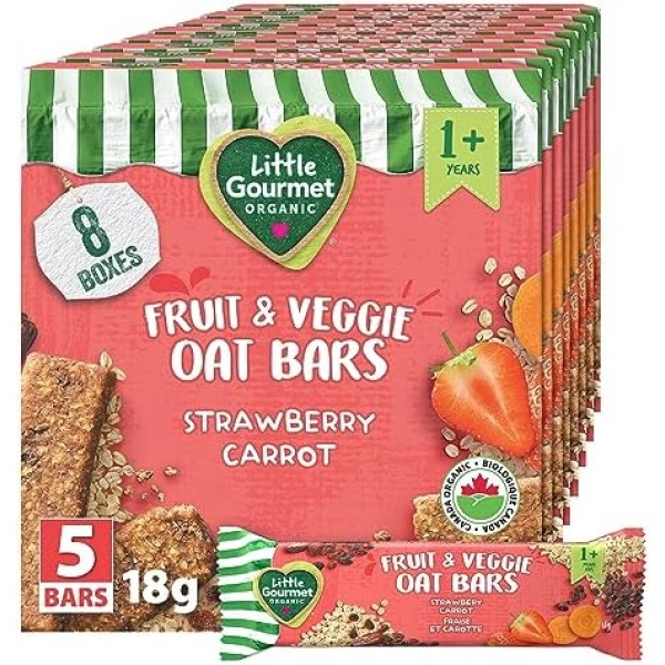 Baby Gourmet Organic Fruit & Grain Bar - Strawberry Carrot Oat - 12 Months+, No Artificial Flavours, Non-GMO, Gluten-Free, 5 x 18g - Pack of 8, Orange