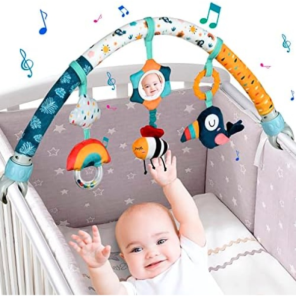 Baby Travel Arch Stroller/Bassinet Toy, Crib Accessory, Car seat Toy, Detachable Activity Musical Animal Arch Toys with Rattles BB Squeaker Teether (Sky)