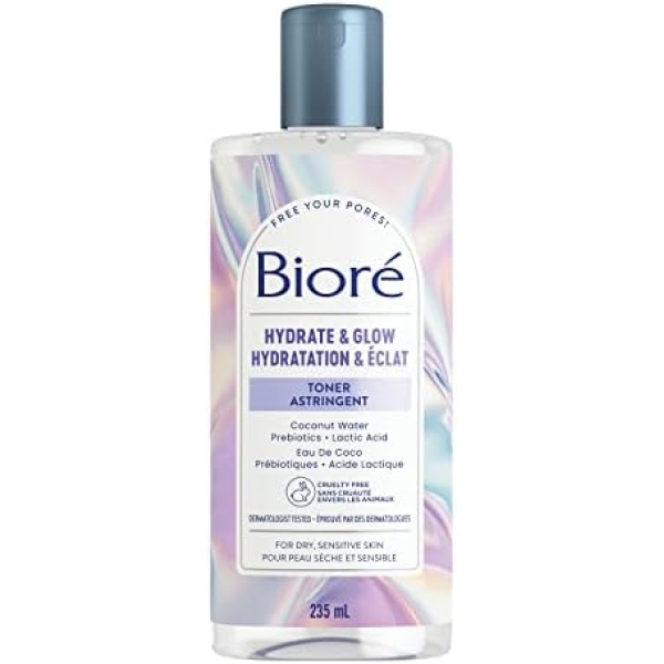 Bioré Hydrate & Glow Toner, Alcohol Free Facial Toner for Dry, Sensitive Skin, infused with Prebiotics, 2% Lactic Acid and Coconut Water | Dermatologist Tested, Cruelty Free and Fragrance Free (235mL)