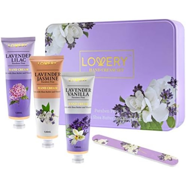 Birthday Gifts Lavender Hand Lotion Set, 3 Luxury Hand Creams Gift Set, Lavender Jasmine, Lavender Lilac, Lavender Vanilla, Nail Filer in a Metal Box with Vitamin E & Shea Butter, Paraben Free