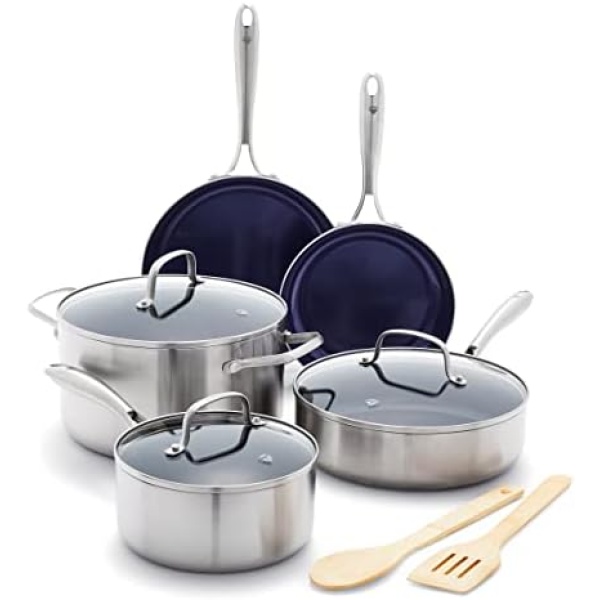 Blue Diamond HD Stainless Steel Clad Pro 10 Piece Cookware Pots and Pans Set, Diamond Infused Ceramic Nonstick, PFAS-Free, Dishwasher Safe, Oven and Broiler Safe, Silver