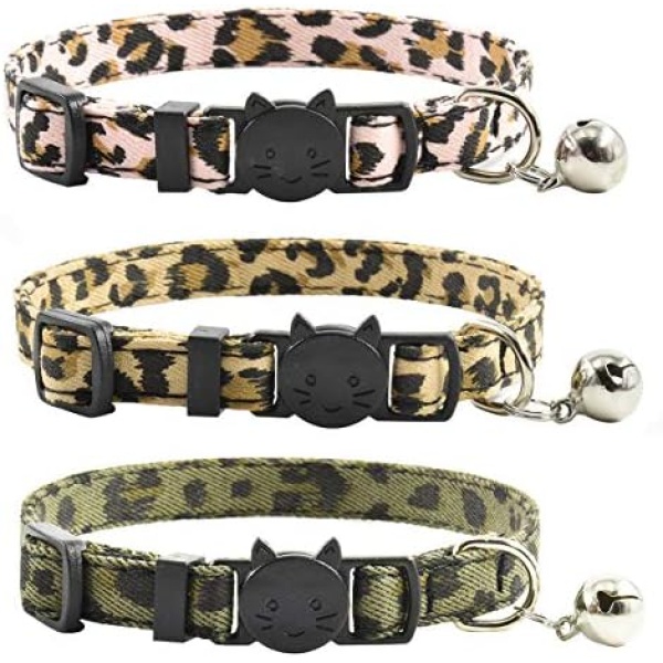 Breakaway Cat Collars with Bell, Set of 3, Durable & Safe Cute Kitten Collars Safety Adjustable Kitty Collar for Cat Puppy 7.5-11in (Leopard)