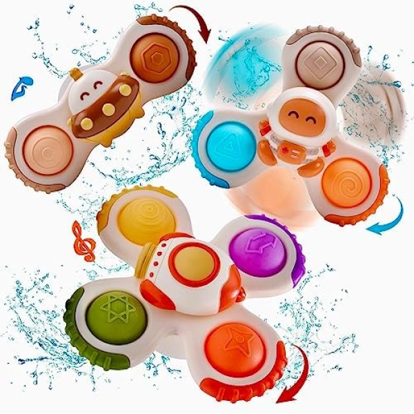 CUTE STONE Suction Cup Spinner Toys, Bath Toys, Pop Up Spinning Fidget Toy for Babies, Sensory Learning Toys, Window Travel Toys, Birthday Gifts for Toddlers Infant Boys and Girls 1-3