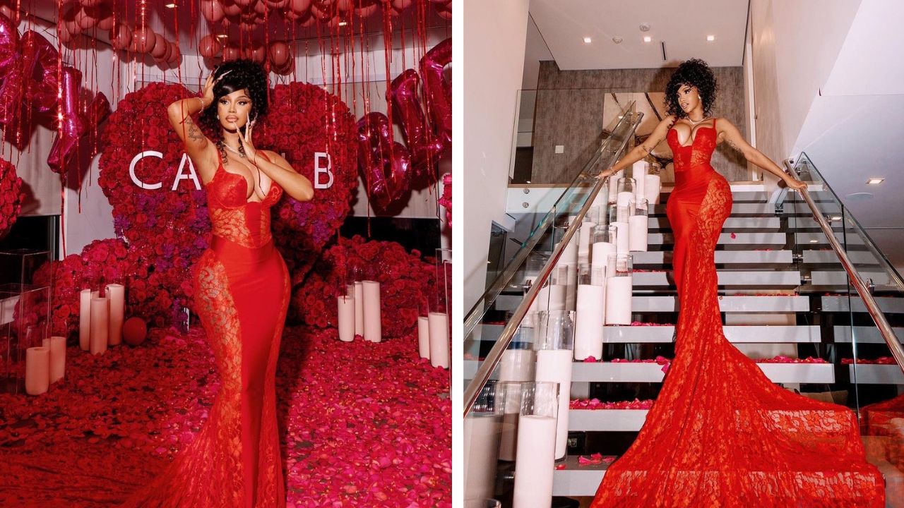 Cardi B Celebrated her Birthday in a Seductive Red Lace Candice Cuoco Dress with Hubby Offset in Los Angeles – Fashion Bomb Daily