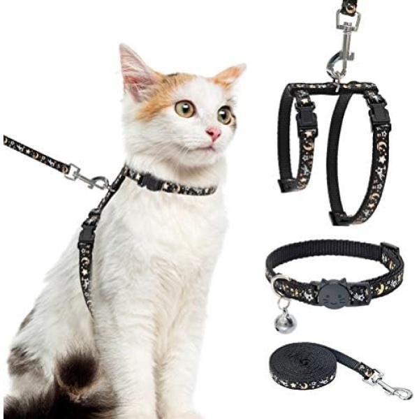 Cat Harness with Leash and Collar Set - Escape Proof Adjustable H-shped Cat Harness with Star and Moon Pattern Glow in The Dark for Kitty Outdoor Walking