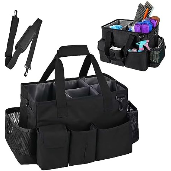 Cleaning Caddy Bag,Large Cleaning Supplies Organizer with Handle for Housekeepers, Black