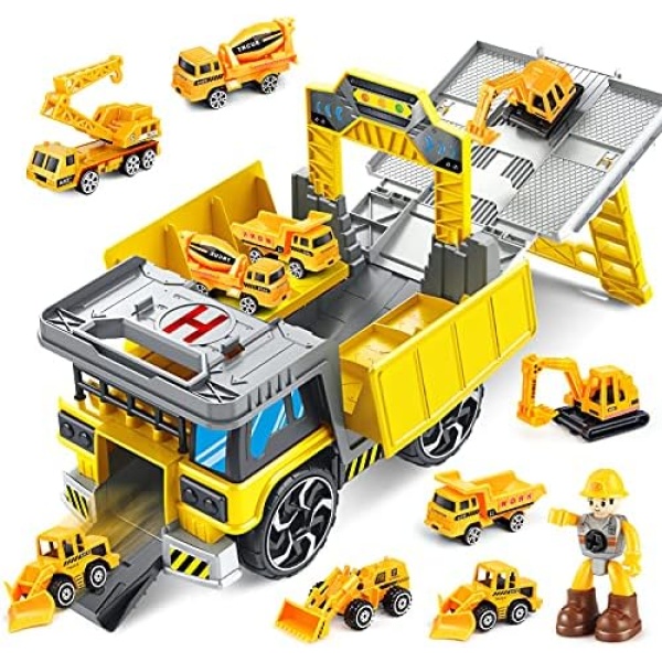 Construction Truck Toys Set Engineering Vehicles Playset Die cast Car Set with Excavator,Crane,Bulldozer,Mixer Truck,Dumper,Carry-Scraper,Worker for Aged 3 4 5 6 7 Kids Toddlers Children Boys Girls